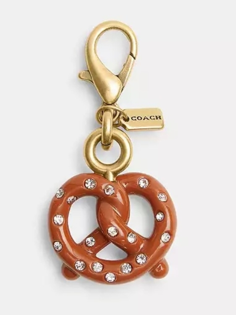 COACH Enamel Pretzel Charm Keychain in Brown with Crystal Accents NWOT